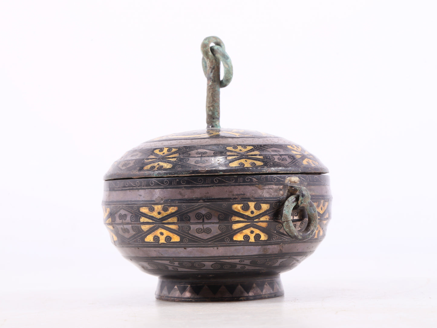 An Archaic Bronze Gold& Silver-Inlaid Oil Lamp-Form Box