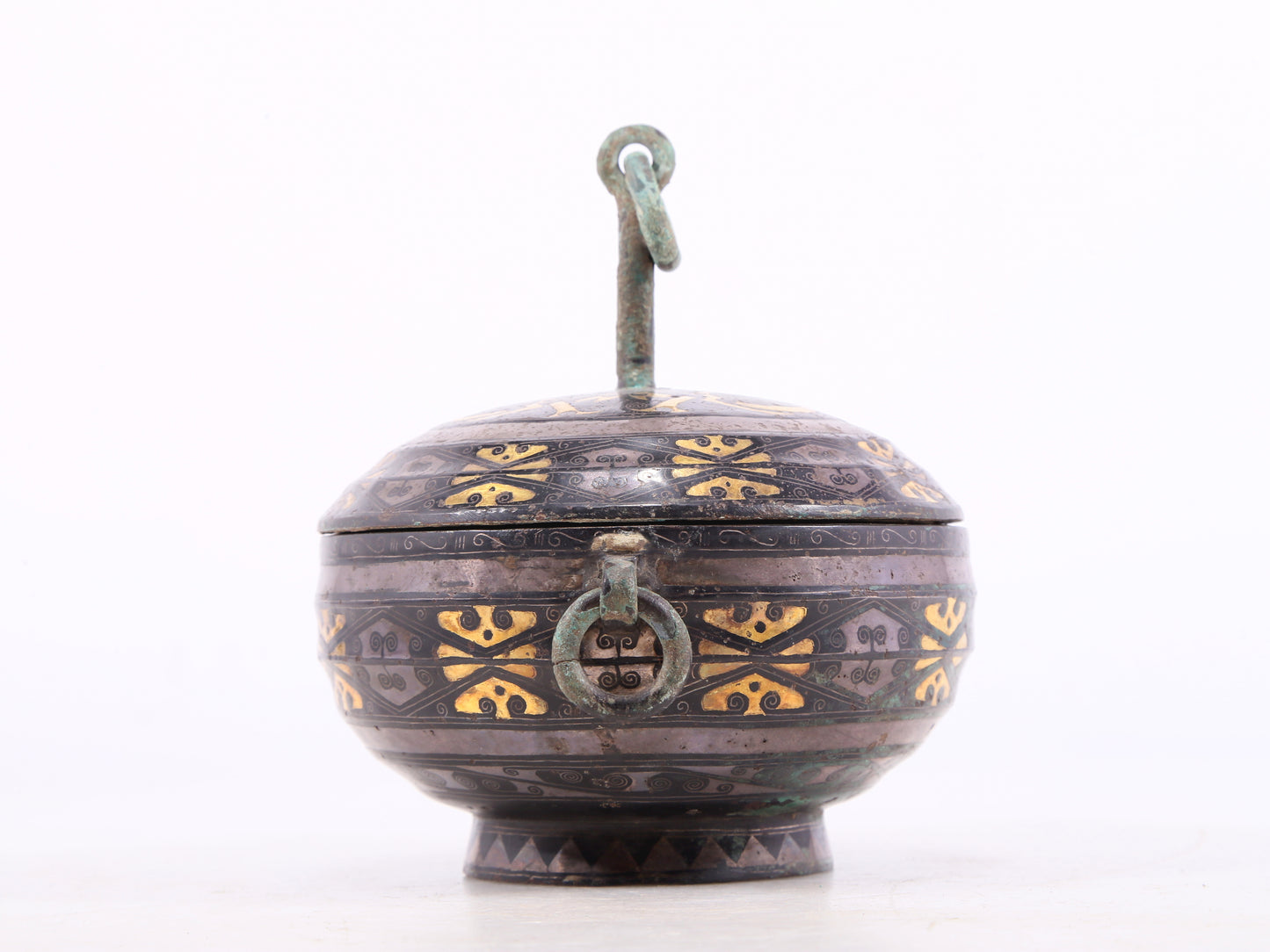 An Archaic Bronze Gold& Silver-Inlaid Oil Lamp-Form Box