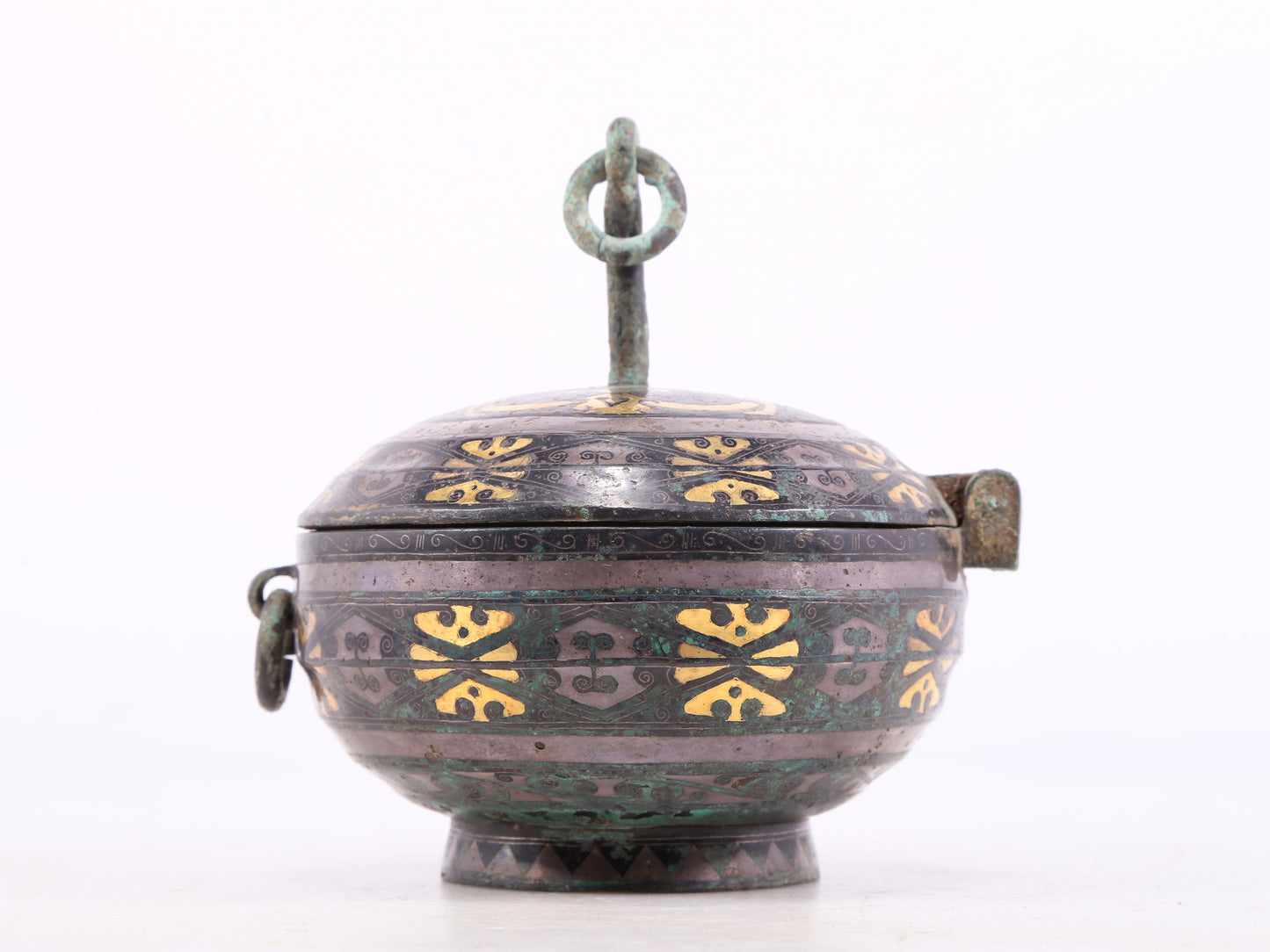 An Archaic Bronze Gold& Silver-Inlaid Oil Lamp-Form Box