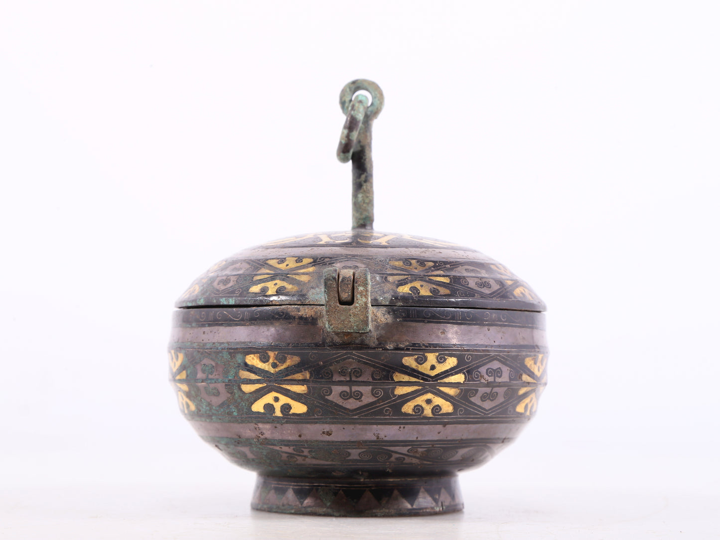 An Archaic Bronze Gold& Silver-Inlaid Oil Lamp-Form Box