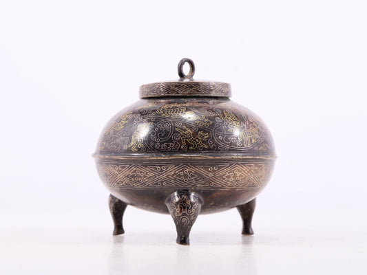 An Archaic Bronze Gold& Silver-Inlaid 'Auspicious Beast' Tripod Jar And Cover