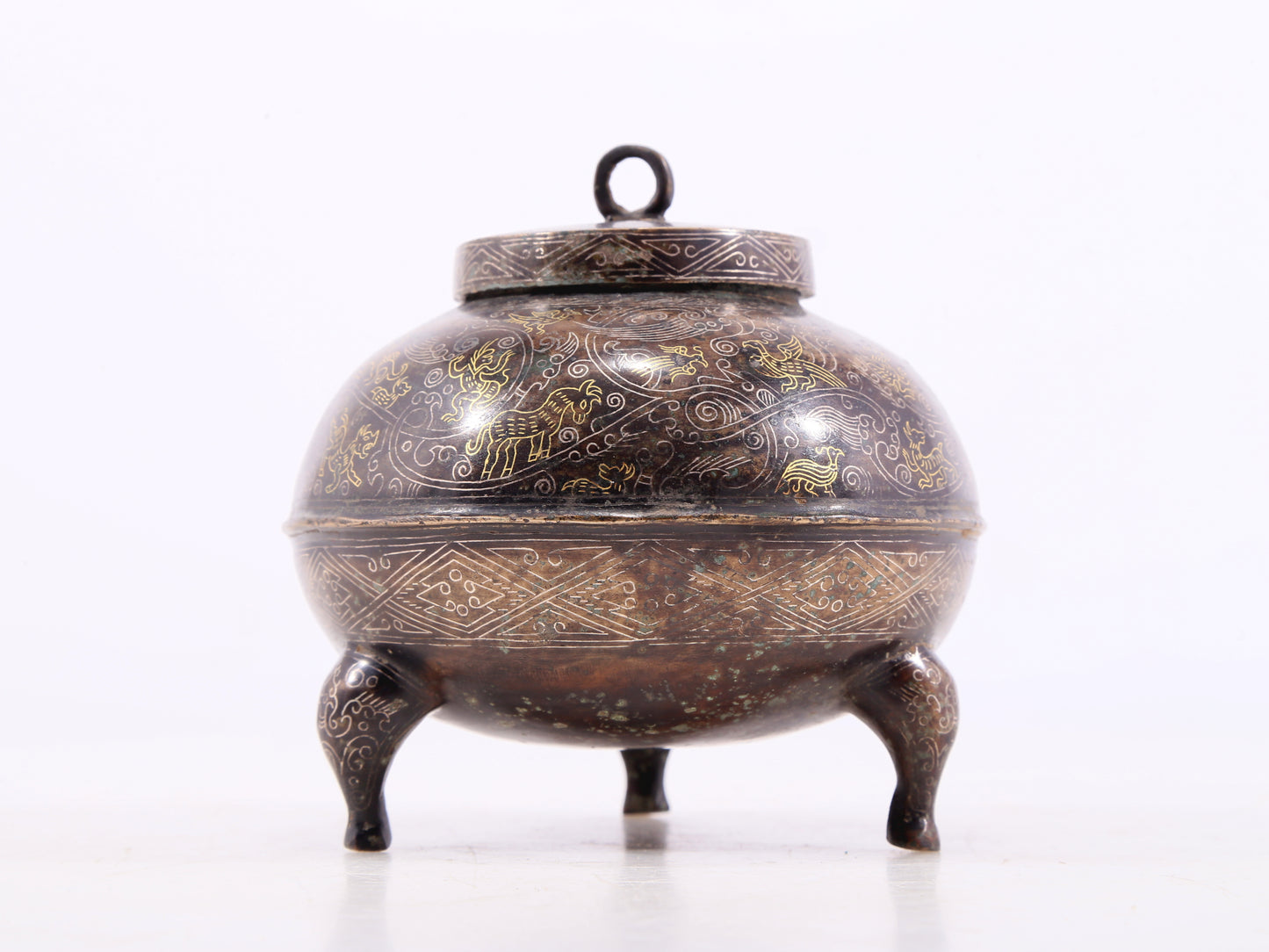 An Archaic Bronze Gold& Silver-Inlaid 'Auspicious Beast' Tripod Jar And Cover