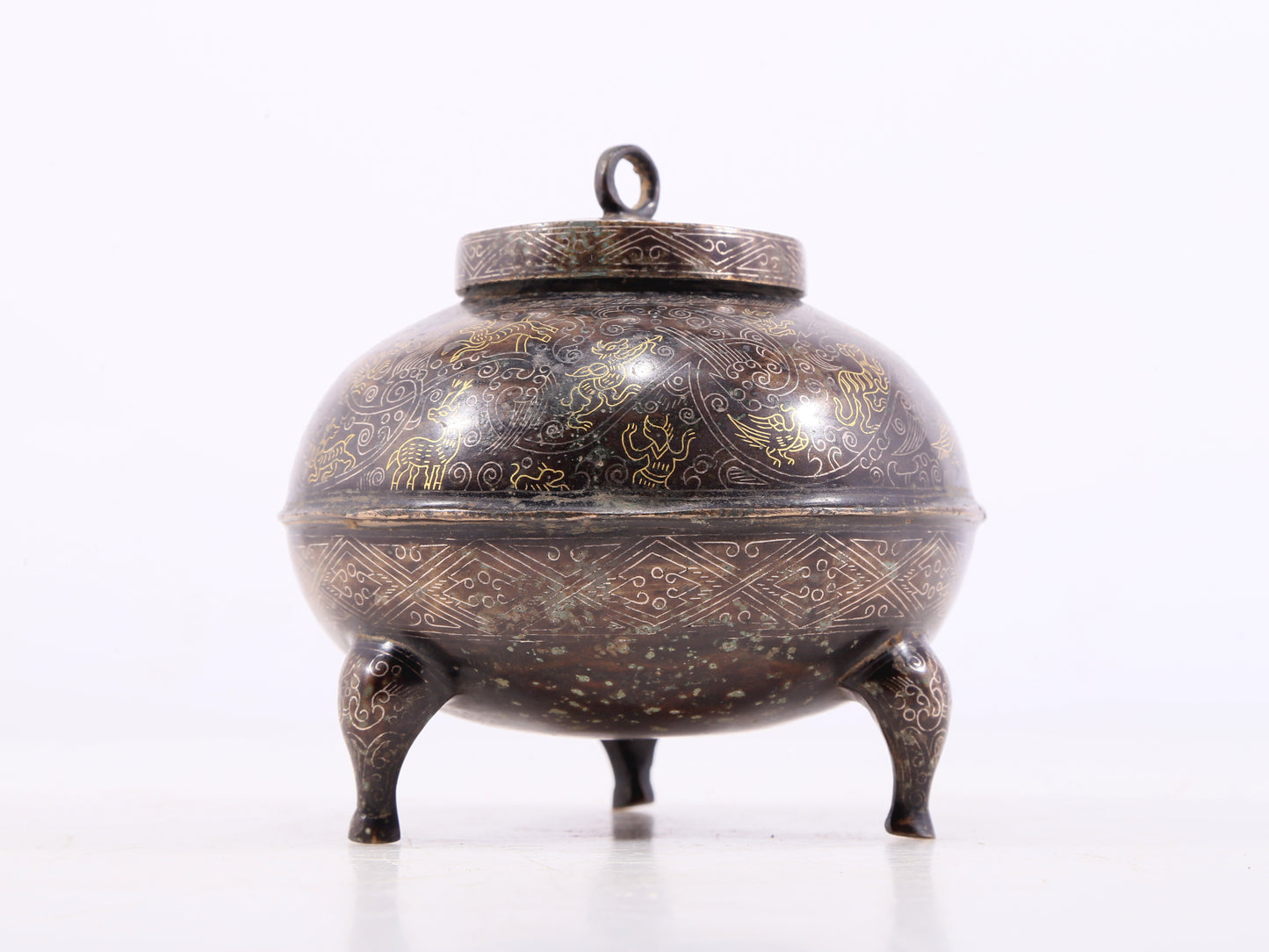 An Archaic Bronze Gold& Silver-Inlaid 'Auspicious Beast' Tripod Jar And Cover