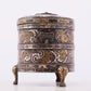 An exquisite bronze inlaid gold and silver tripod jar with auspicious clouds and animal patterns with lid