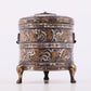 An exquisite bronze inlaid gold and silver tripod jar with auspicious clouds and animal patterns with lid