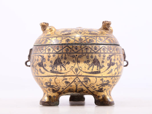 An Archaic Bronze Gold& Silver-Inlaid 'Auspicious Beast' Tripod Jar And Cover