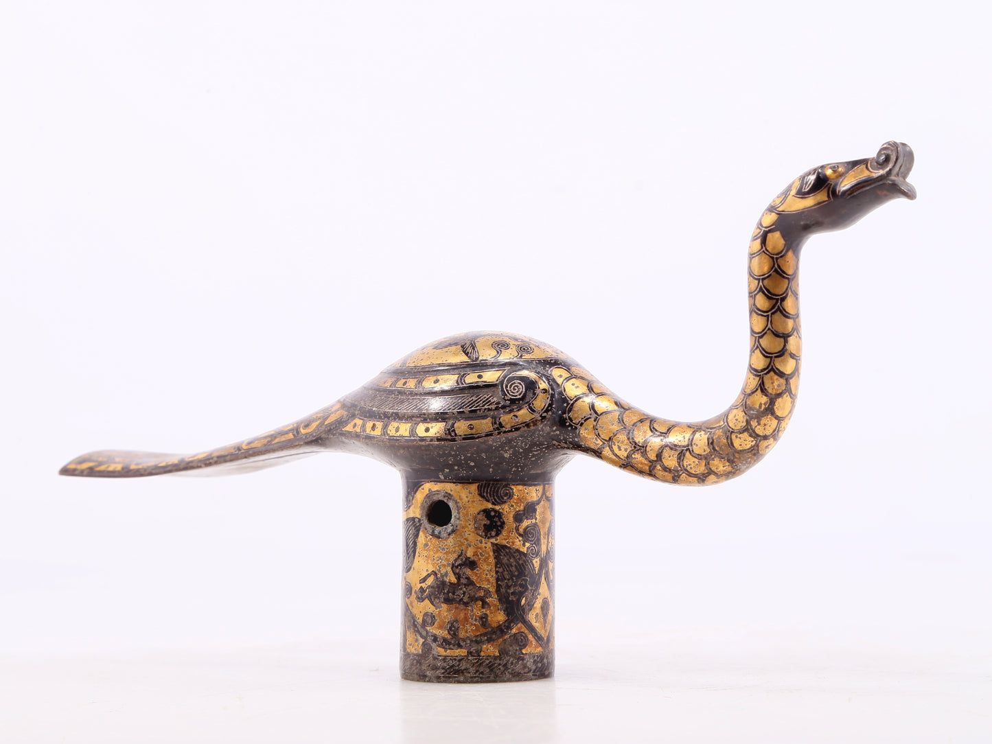 An Archaic Bronze Gold& Silver-Inlaid 'Mythical Bird' Handle