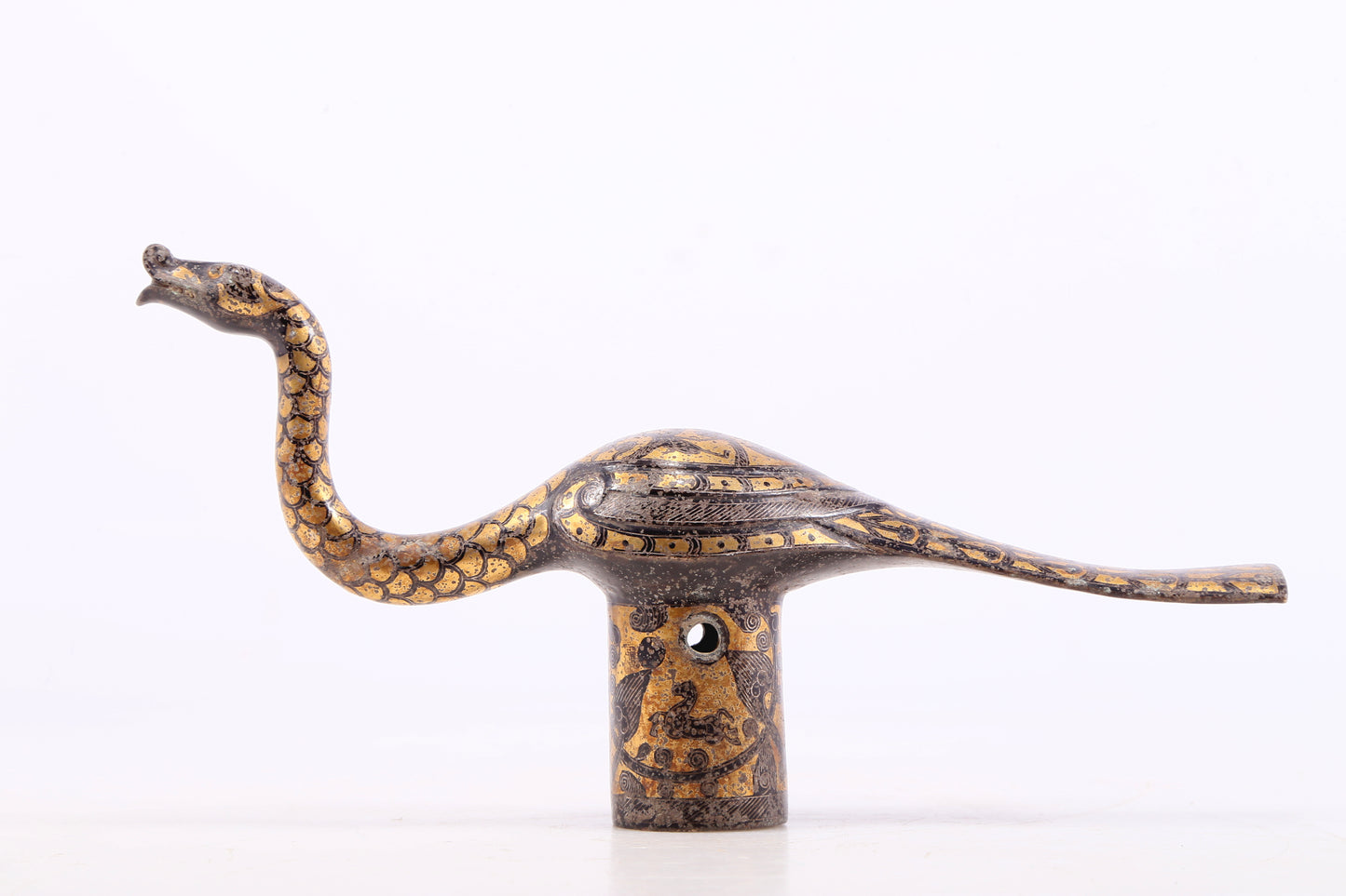 An Archaic Bronze Gold& Silver-Inlaid 'Mythical Bird' Handle