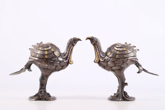 An Archaic Pair Of Bronze Gold& Silver-Inlaid Phoenix-Form Censer