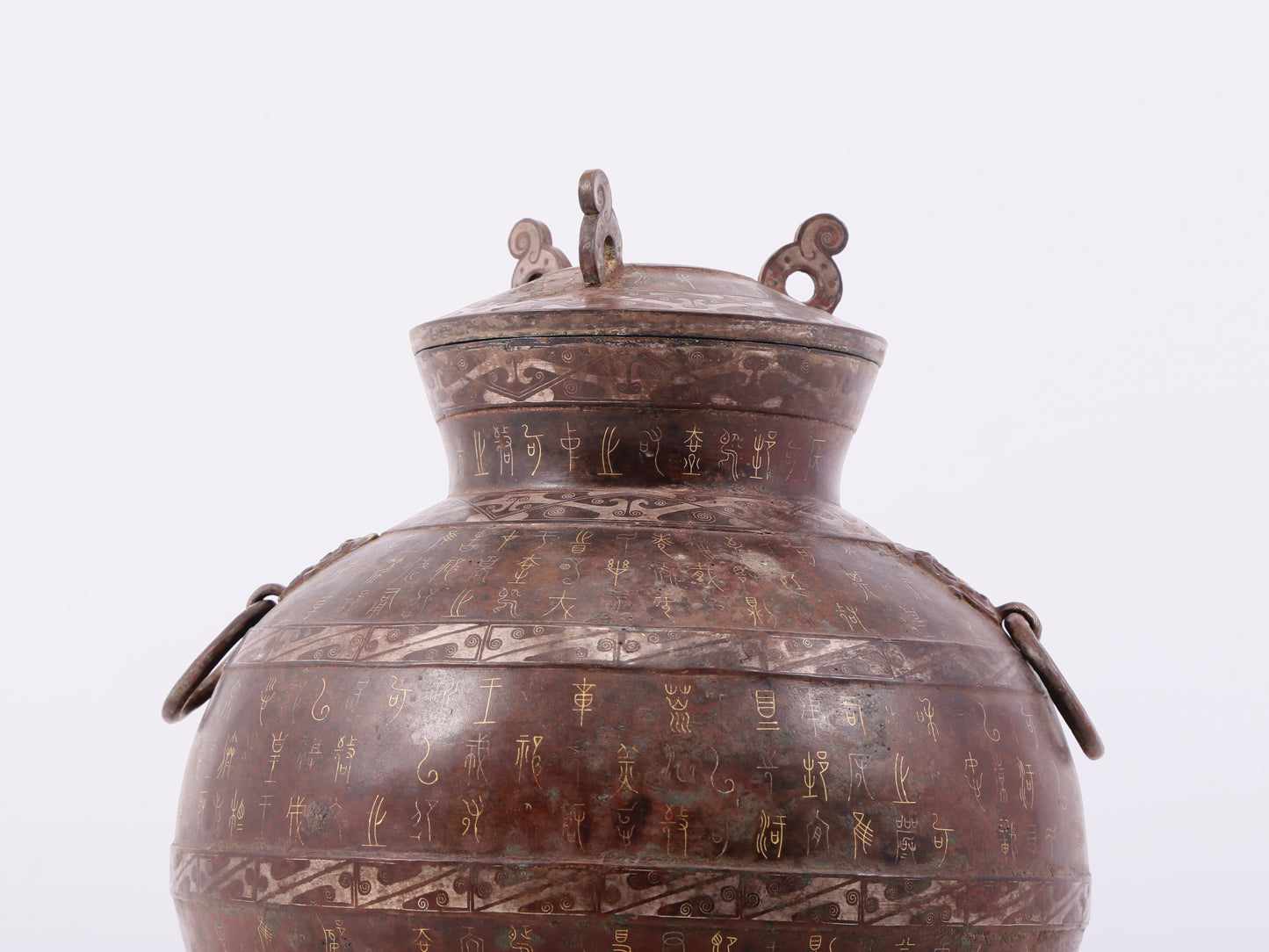 A Wonderful Bronze Gold& Silver-Inlaid 'Mythical Bird' Beast-Handled Vase And Cover