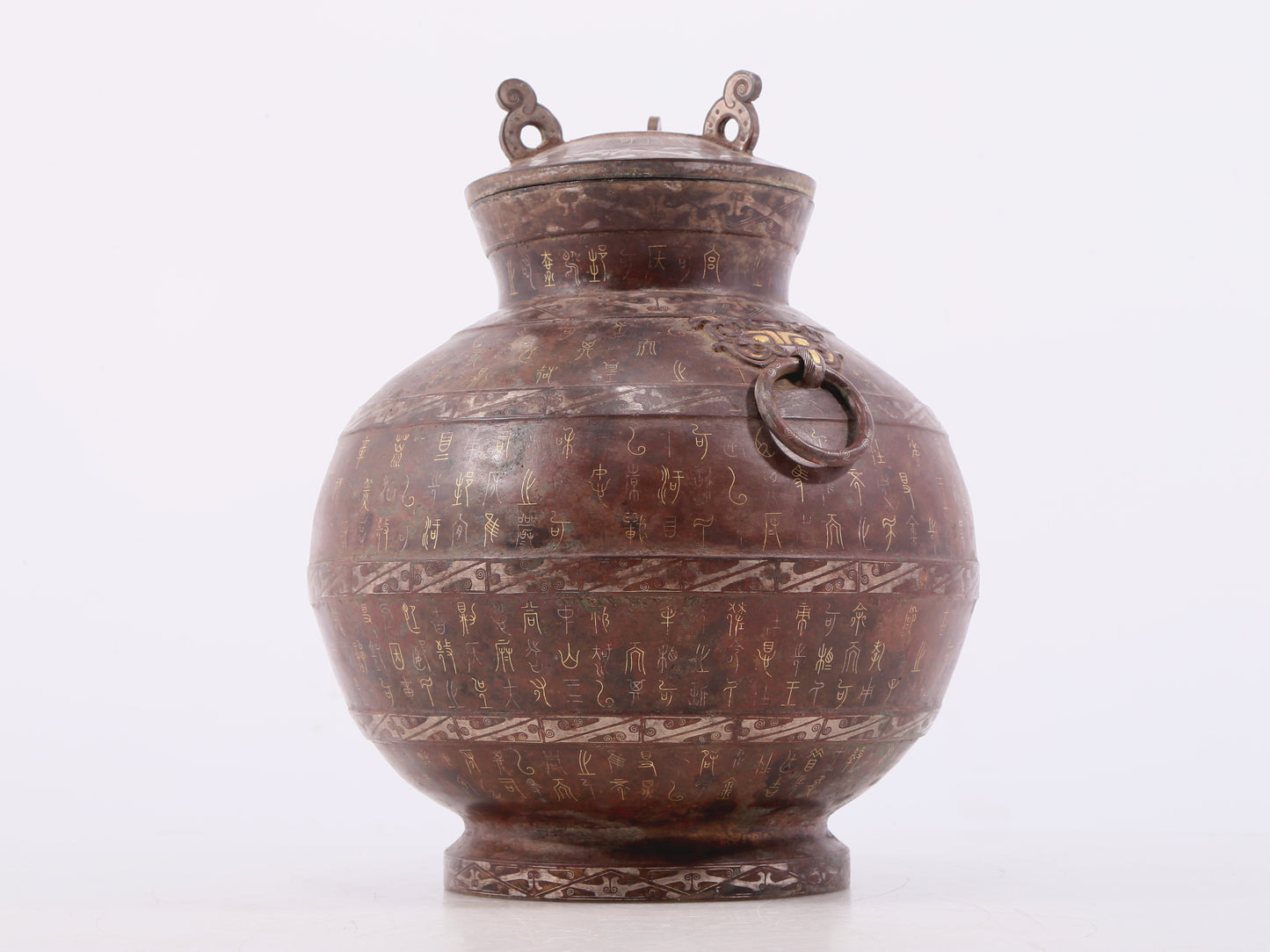 A Wonderful Bronze Gold& Silver-Inlaid 'Mythical Bird' Beast-Handled Vase And Cover
