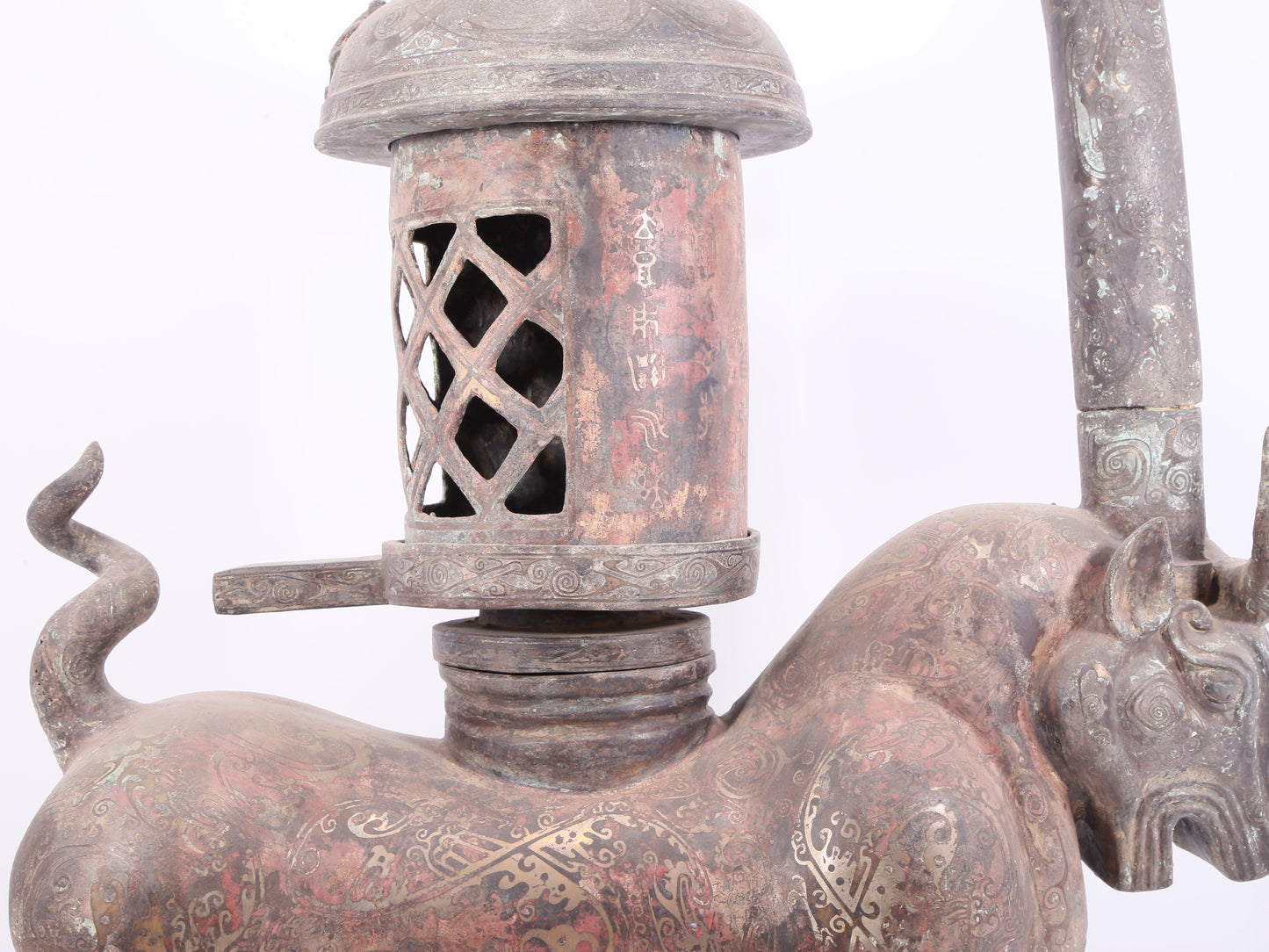 An exquisite bronze inlaid silver bull-shaped palace lantern