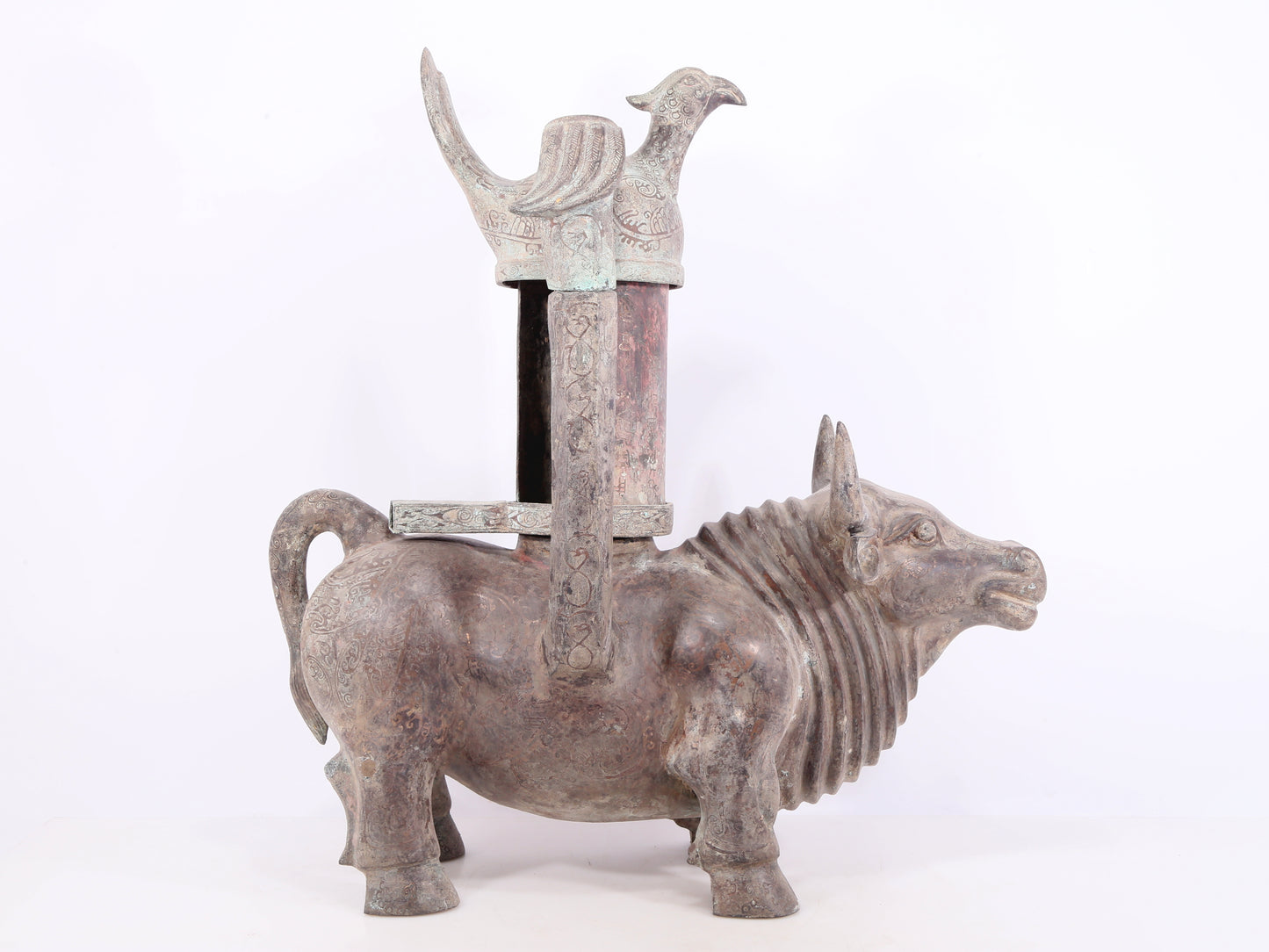 An exquisite bronze inlaid silver bull-shaped palace lantern