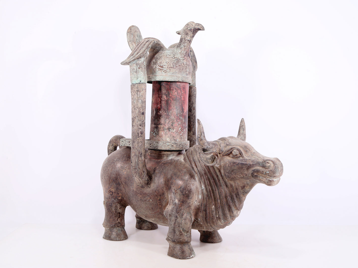 An exquisite bronze inlaid silver bull-shaped palace lantern