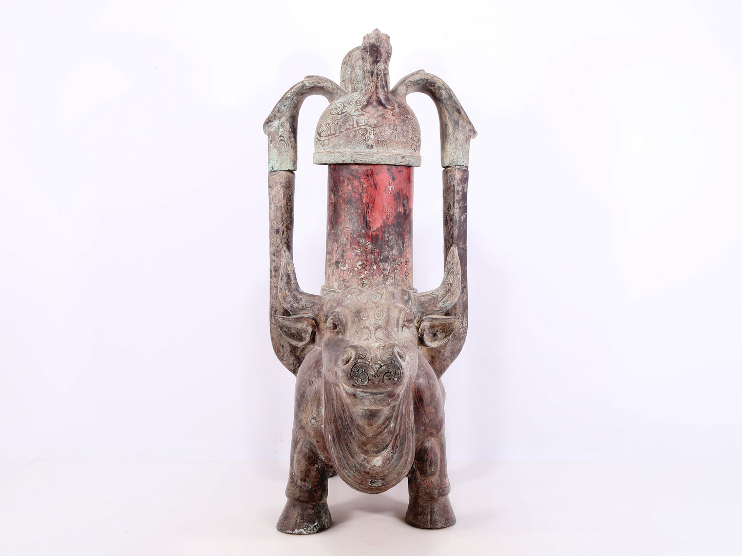 An exquisite bronze inlaid silver bull-shaped palace lantern