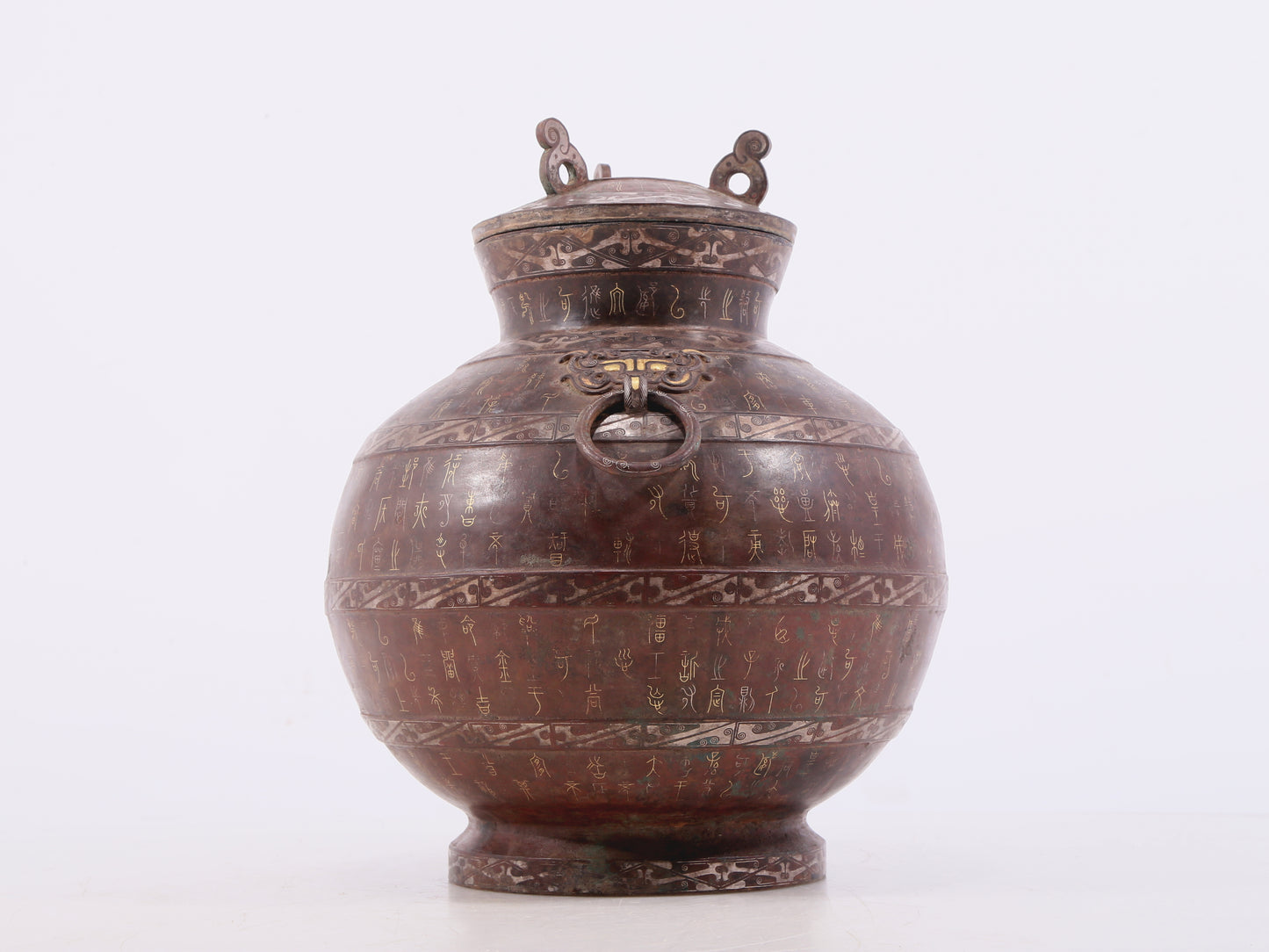 A Wonderful Bronze Gold& Silver-Inlaid 'Mythical Bird' Beast-Handled Vase And Cover