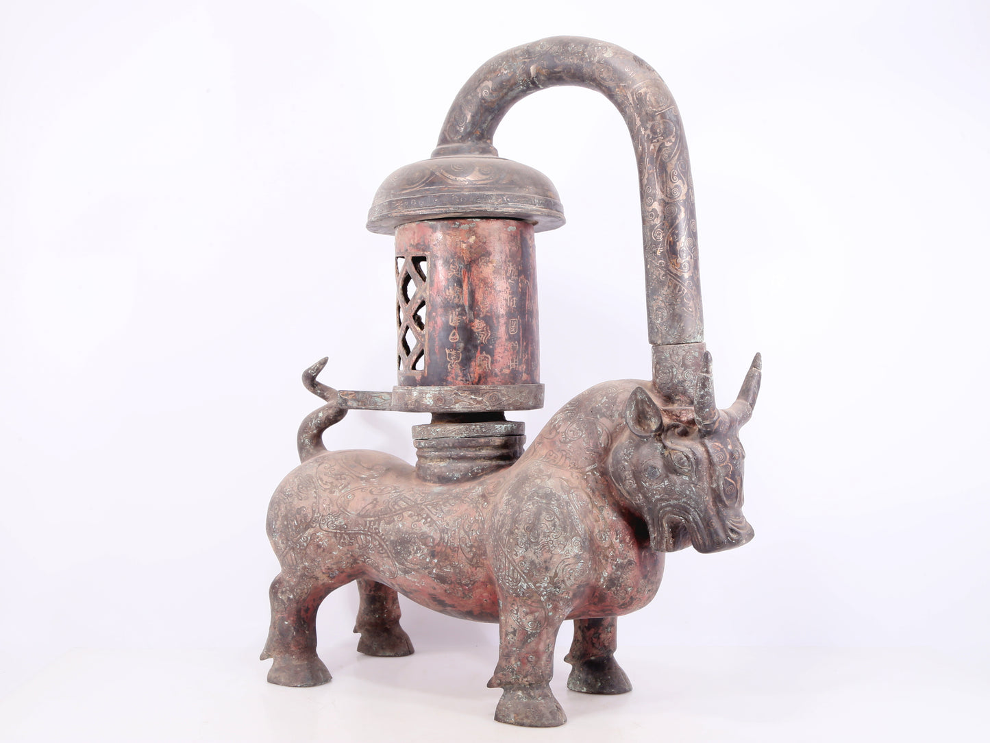 An exquisite bronze inlaid silver bull-shaped palace lantern