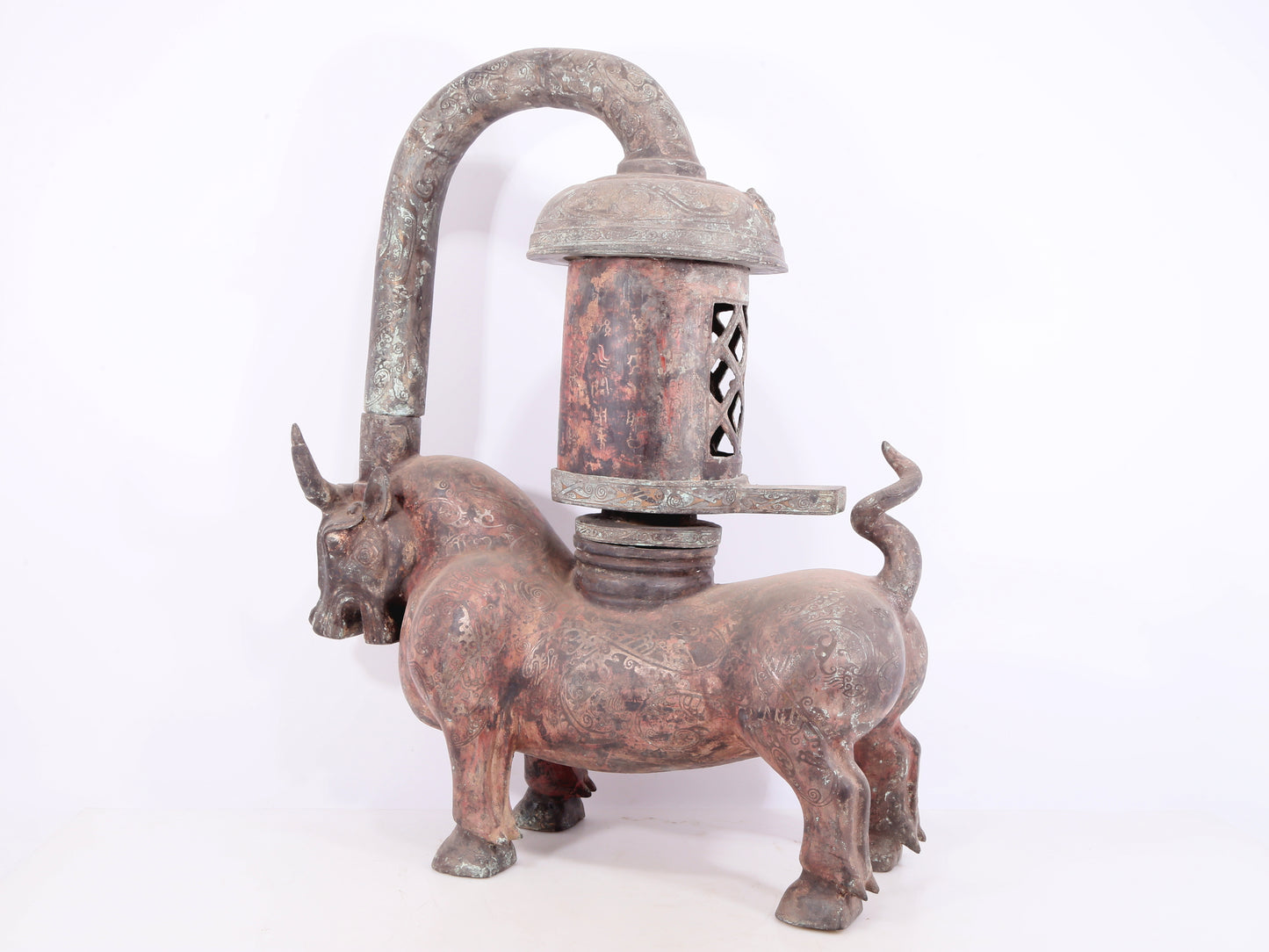 An exquisite bronze inlaid silver bull-shaped palace lantern