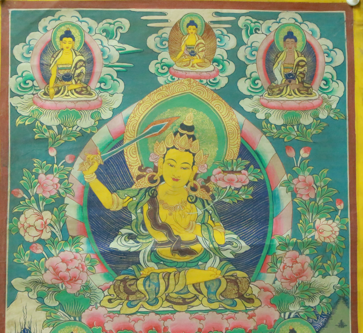 An Exquiste Painted Gold Manjusri Thangka