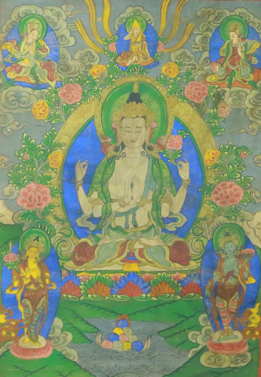 An Exquiste Painted Gold Four-Armed Avalokiteshvara Thangka