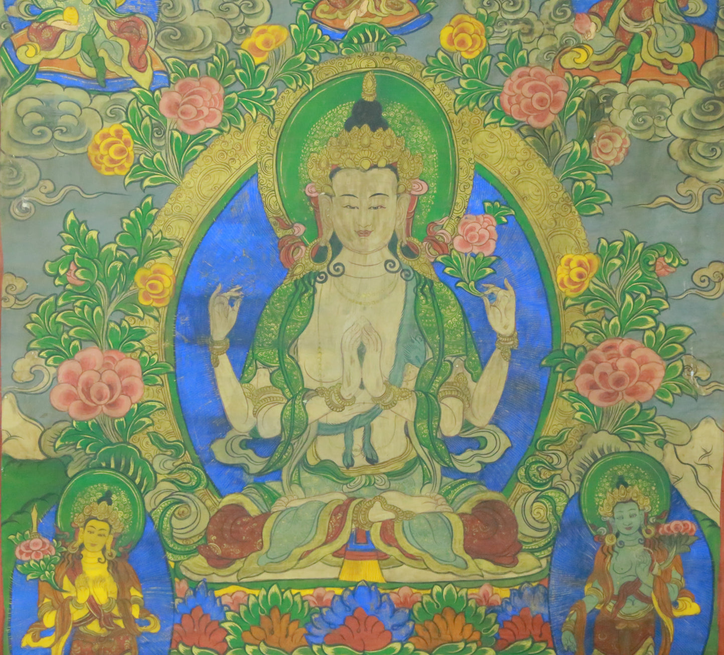 An Exquiste Painted Gold Four-Armed Avalokiteshvara Thangka