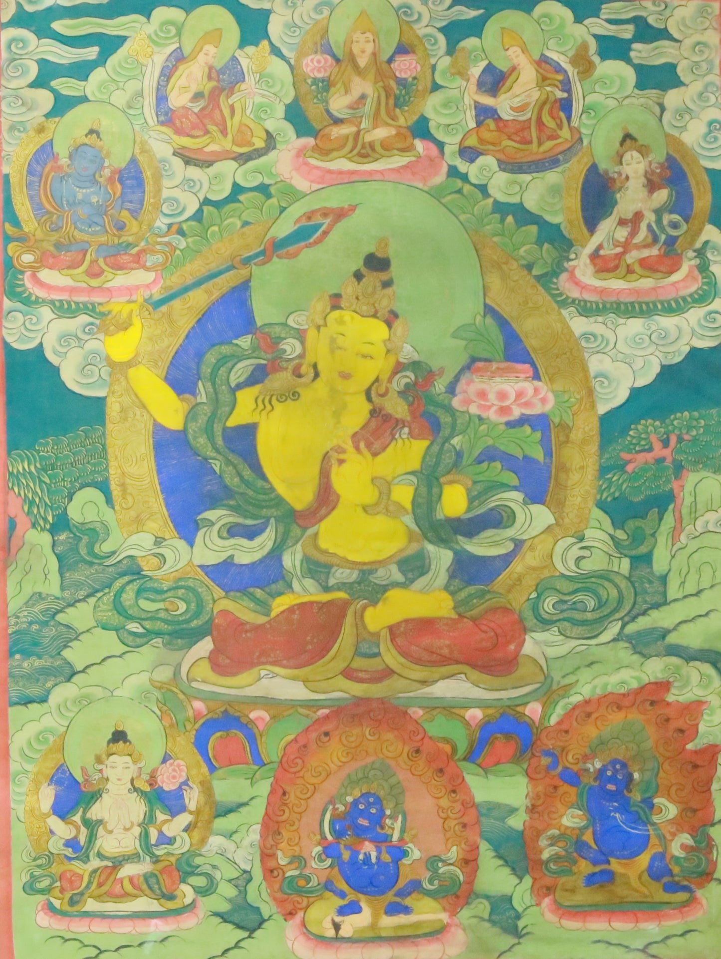 An Exquiste Painted Gold Manjusri Thangka