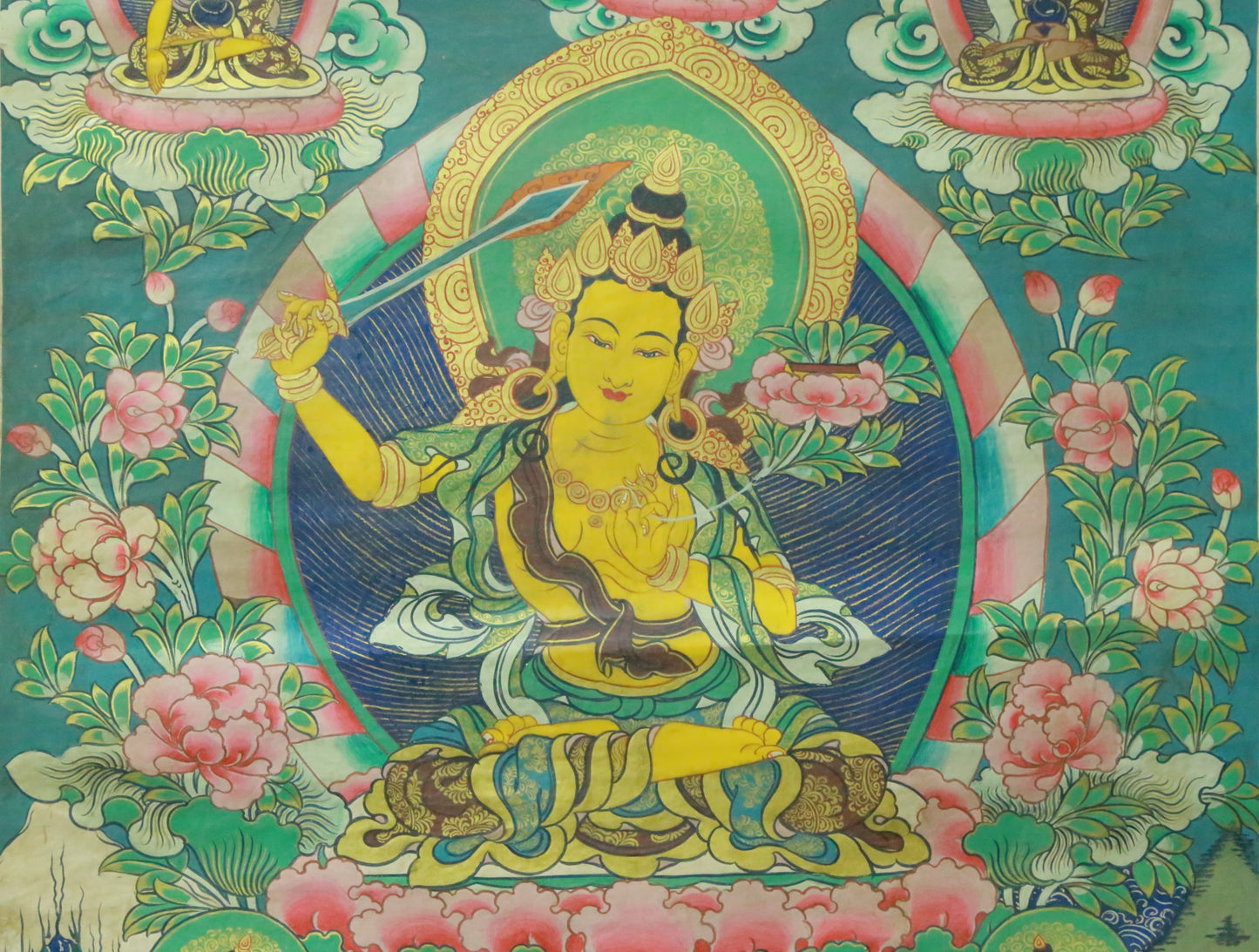 An Exquiste Painted Gold Manjusri Thangka