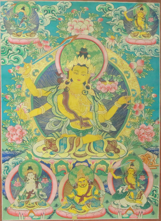 An Exquiste Painted Gold Manjushri Bodhisattva with Four Arms Thangka