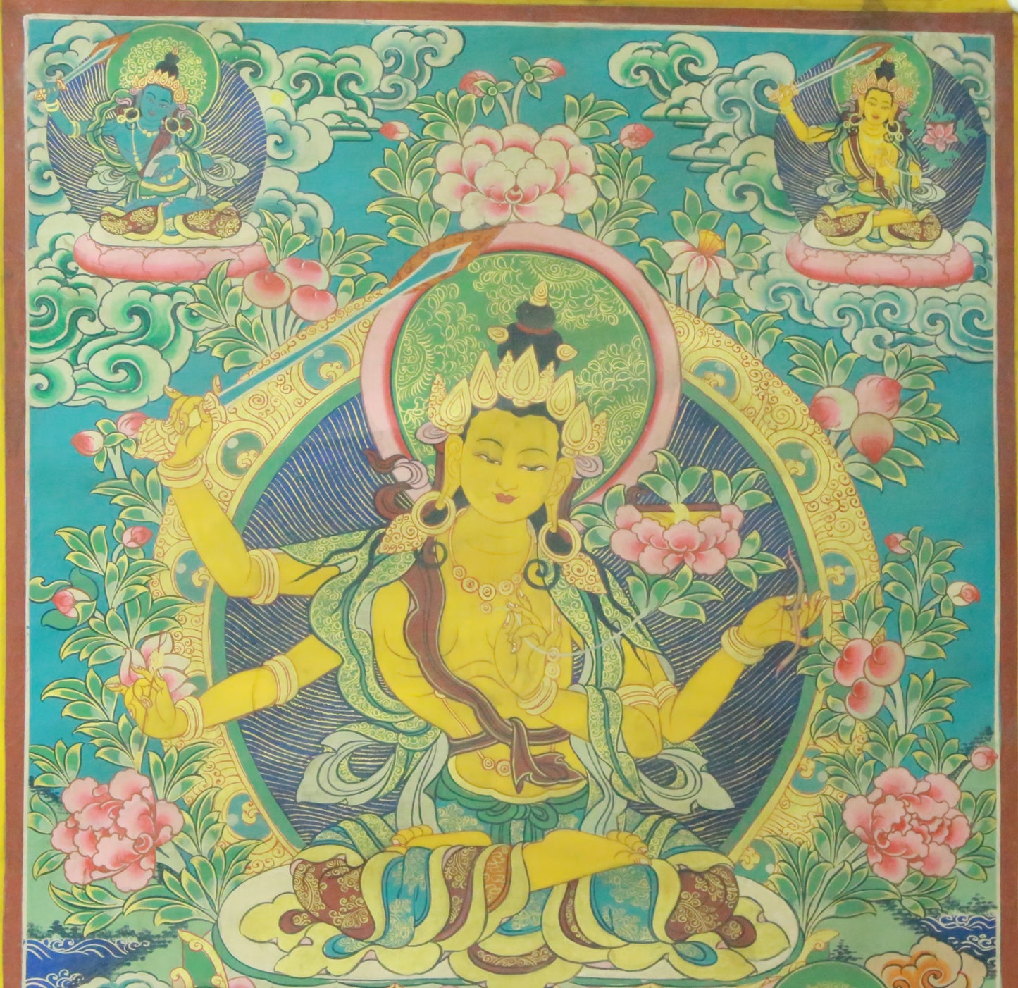 An Exquiste Painted Gold Manjushri Bodhisattva with Four Arms Thangka