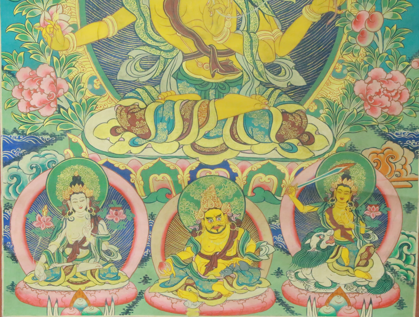 An Exquiste Painted Gold Manjushri Bodhisattva with Four Arms Thangka