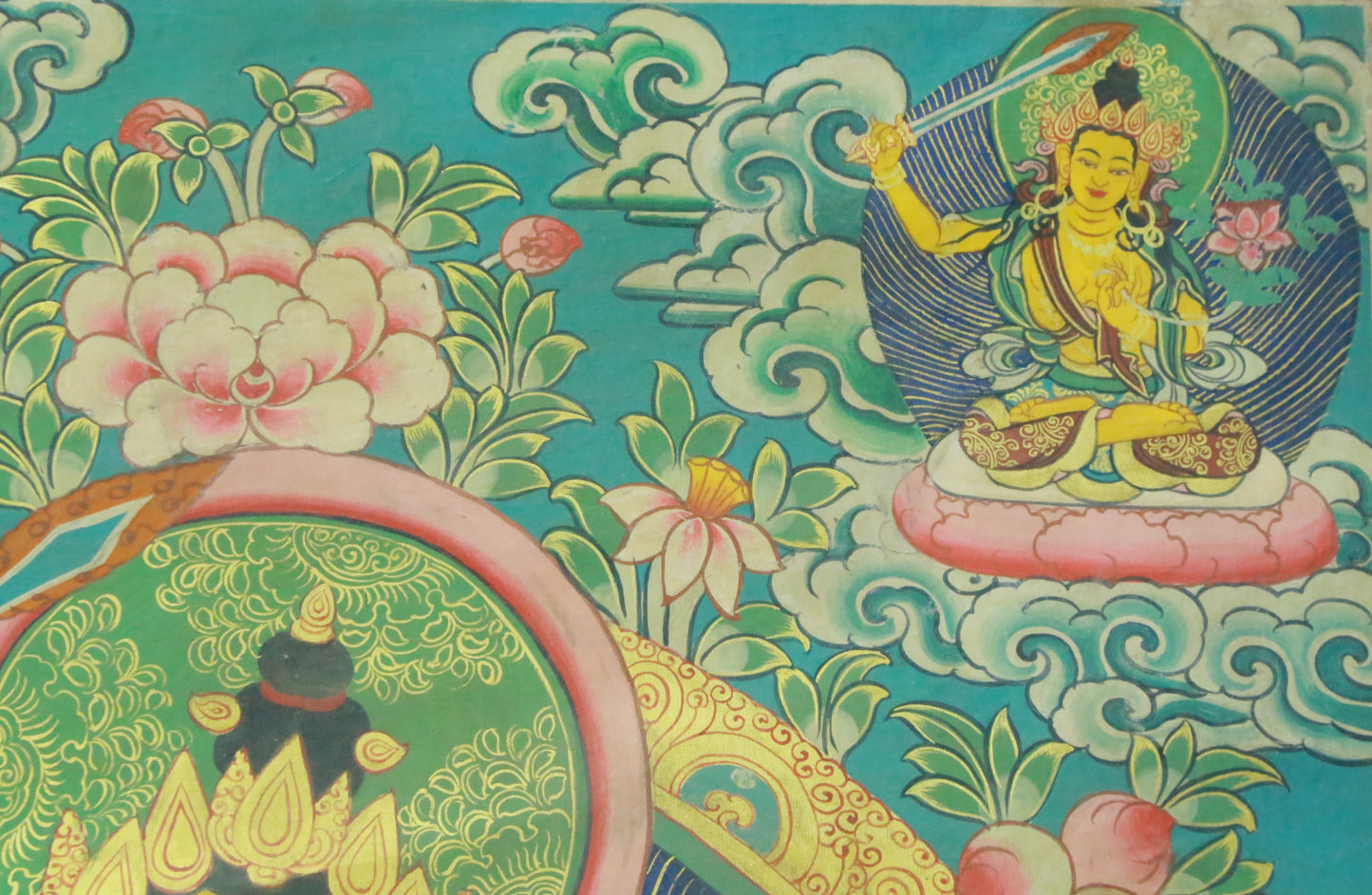 An Exquiste Painted Gold Manjushri Bodhisattva with Four Arms Thangka