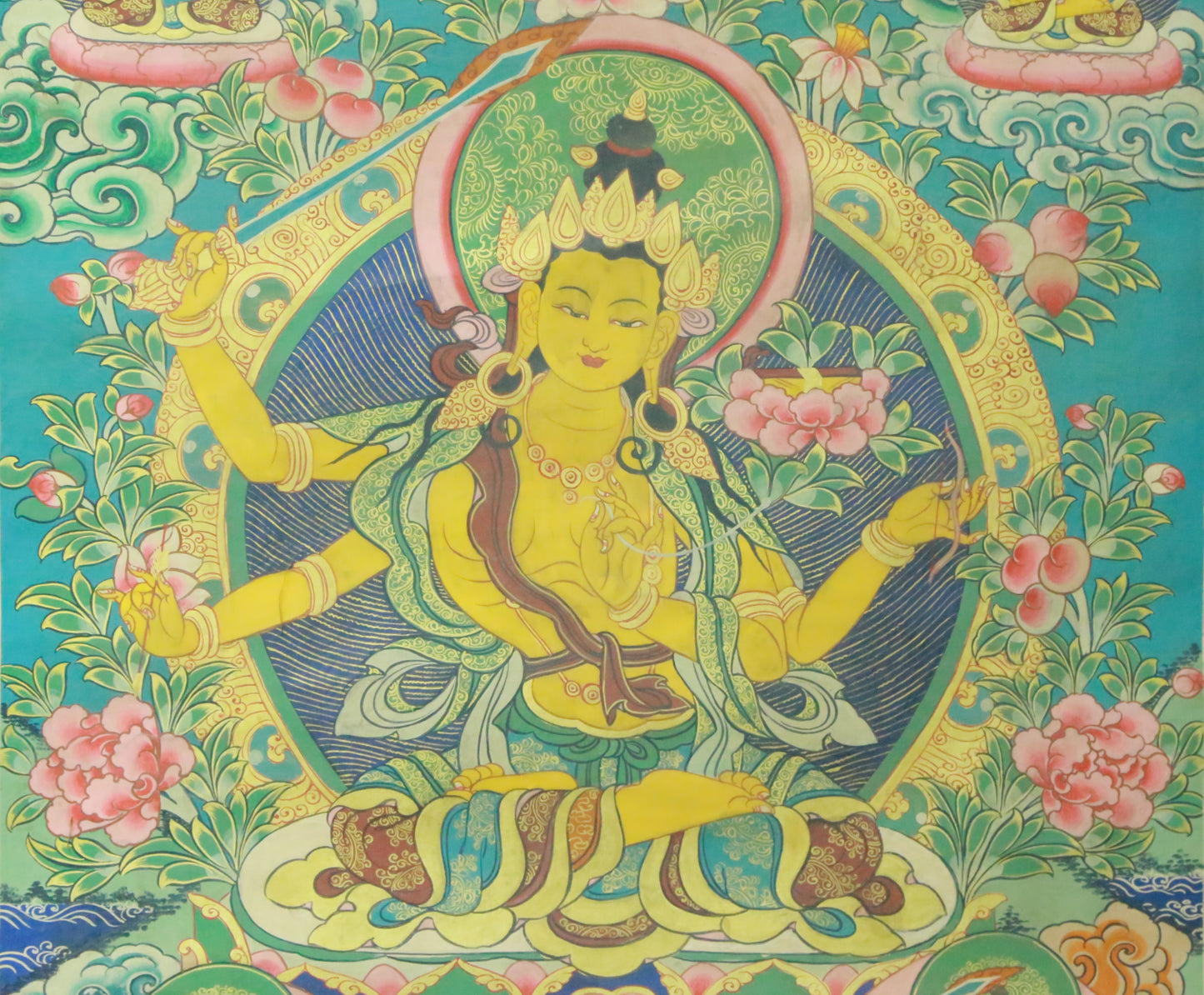 An Exquiste Painted Gold Manjushri Bodhisattva with Four Arms Thangka