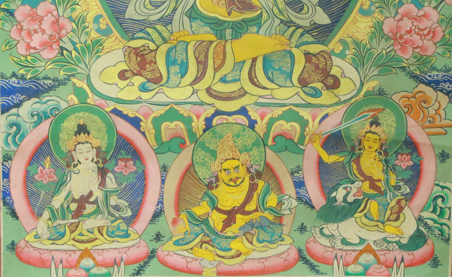 An Exquiste Painted Gold Manjushri Bodhisattva with Four Arms Thangka