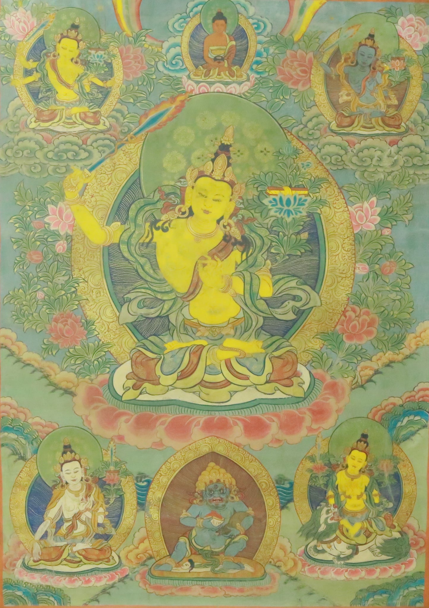 An Exquiste Painted Gold Manjusri Thangka