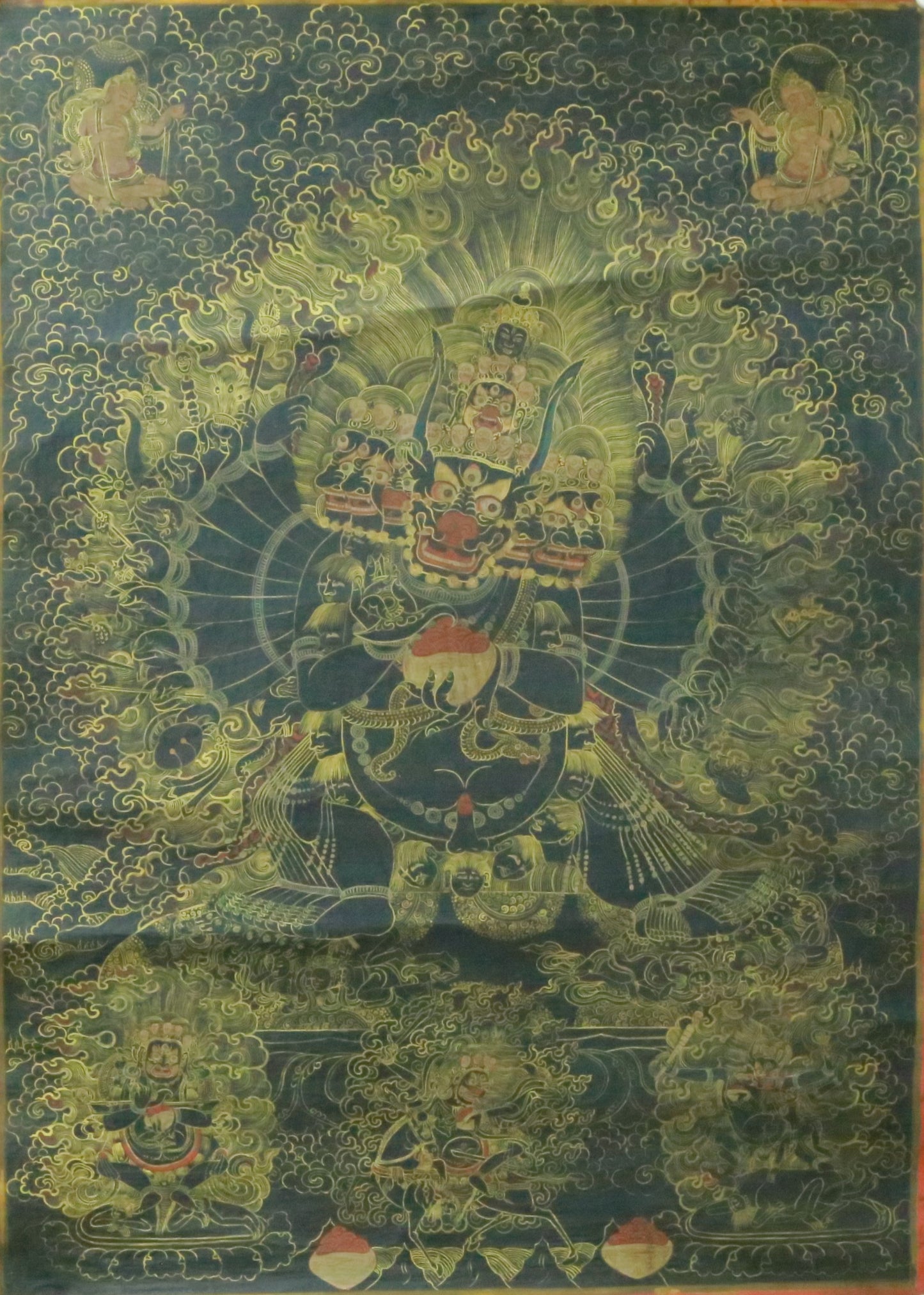 An Exquiste Painted Gold Mahakala Thangka