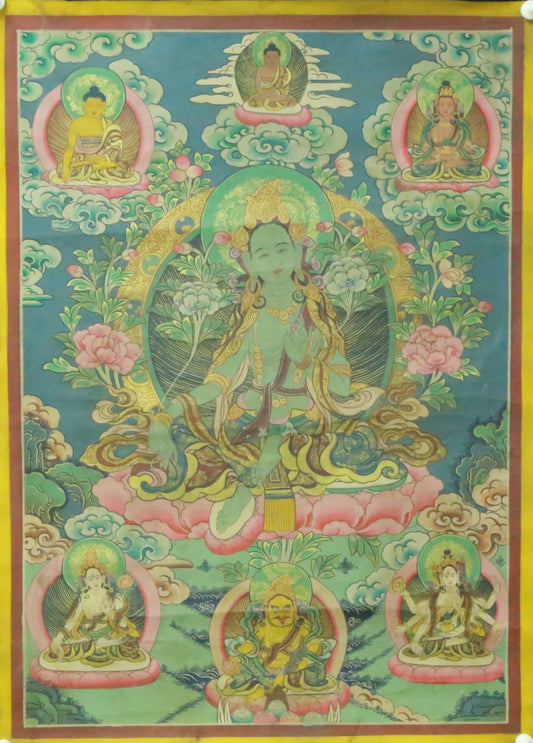 An Exquiste Painted Gold Green Tara Thangka