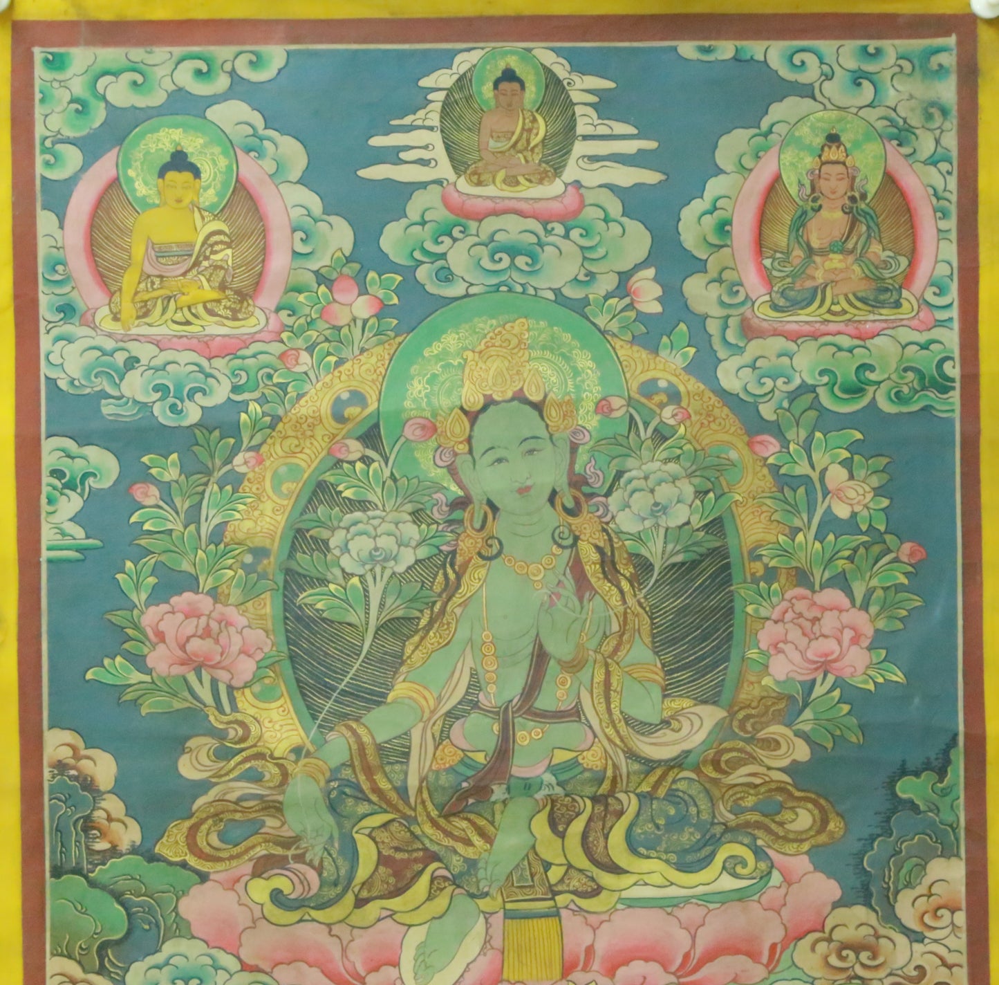 An Exquiste Painted Gold Green Tara Thangka