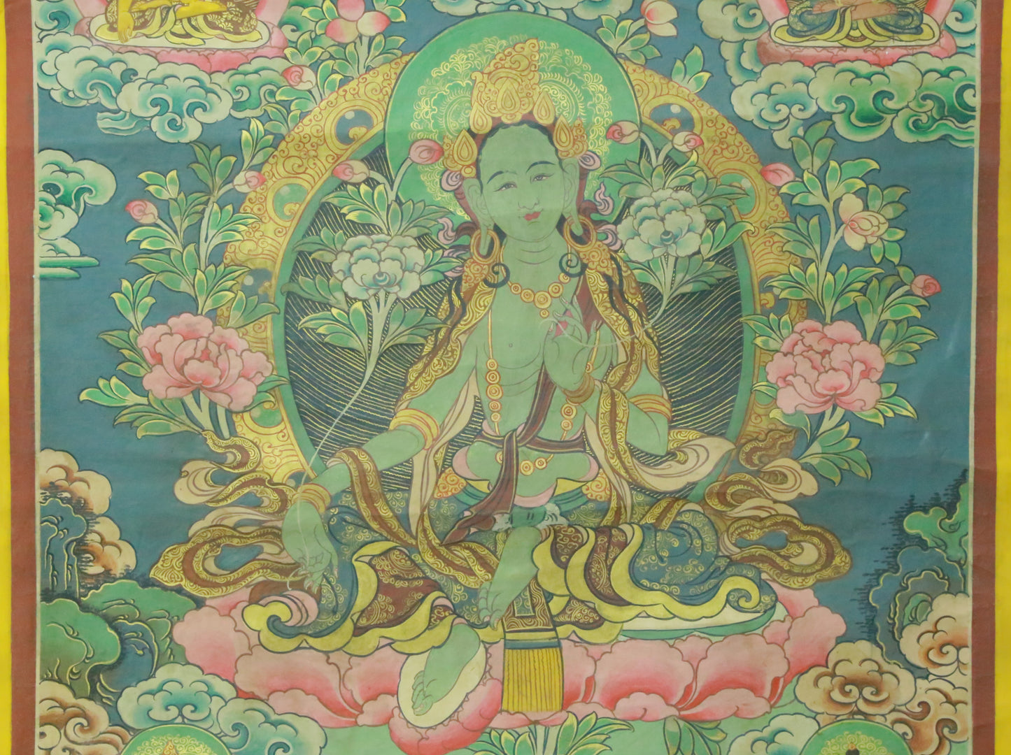 An Exquiste Painted Gold Green Tara Thangka