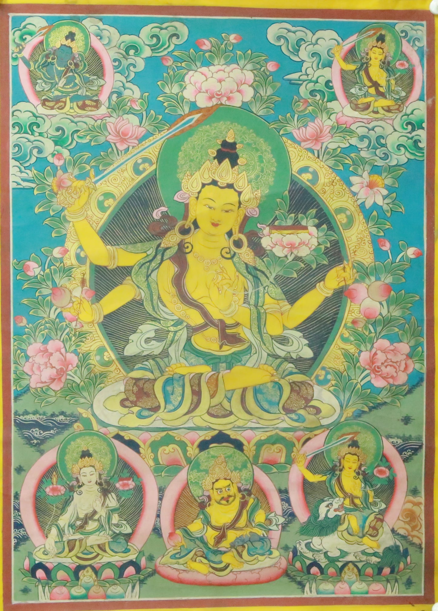 An Exquiste Painted Gold Manjushri Bodhisattva with Four Arms Thangka