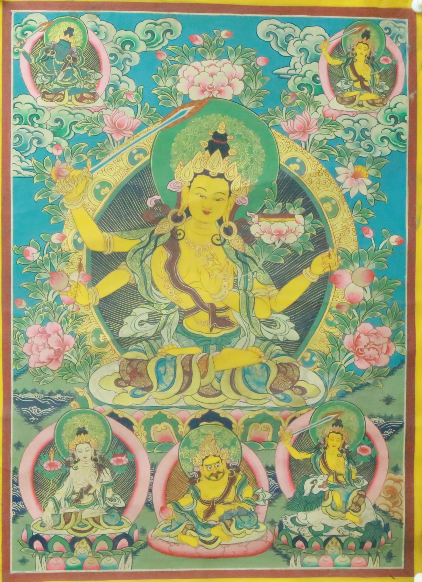 An Exquiste Painted Gold Manjushri Bodhisattva with Four Arms Thangka