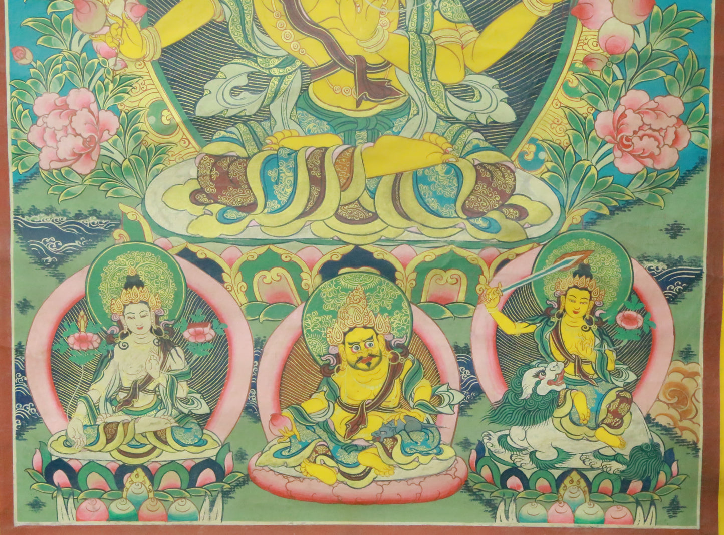 An Exquiste Painted Gold Manjushri Bodhisattva with Four Arms Thangka