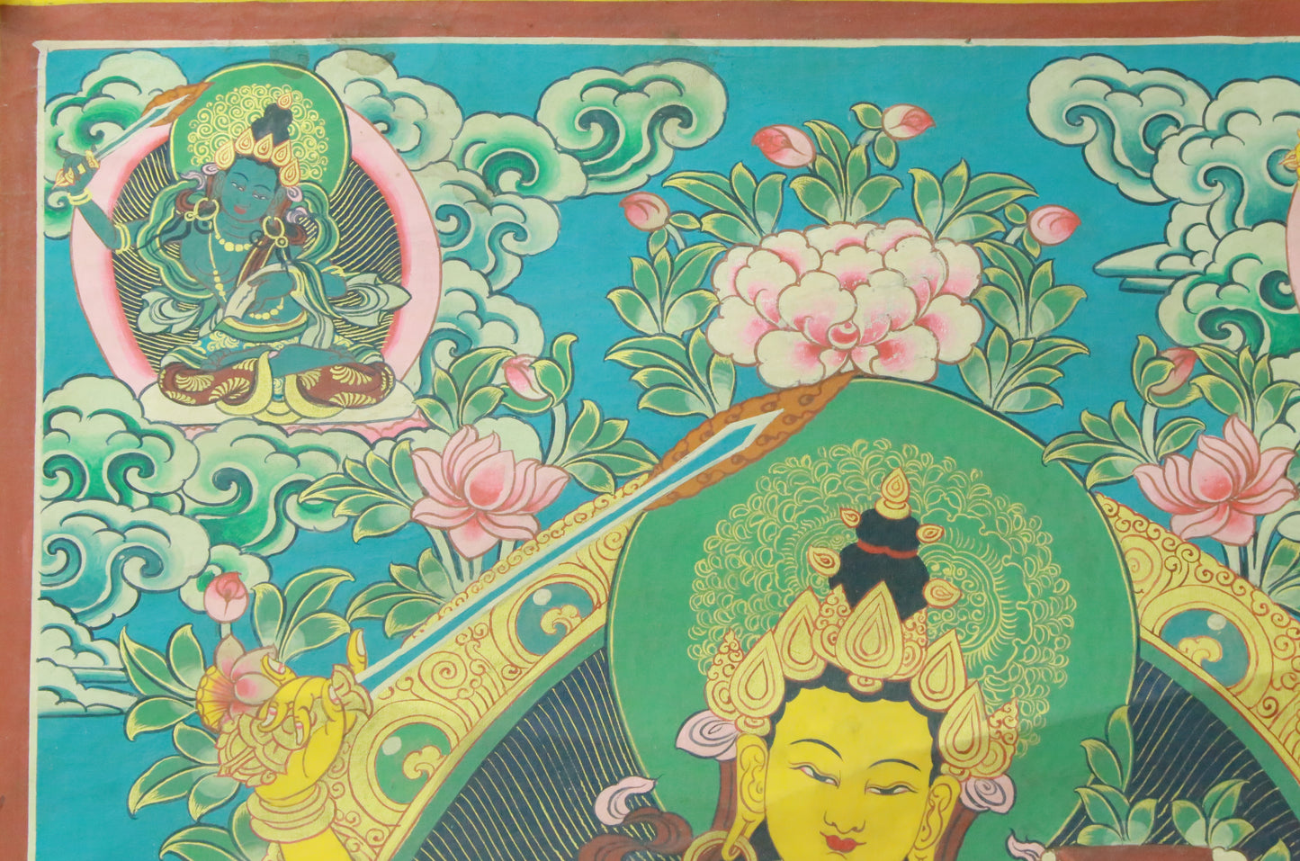 An Exquiste Painted Gold Manjushri Bodhisattva with Four Arms Thangka