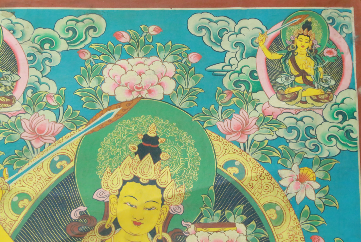 An Exquiste Painted Gold Manjushri Bodhisattva with Four Arms Thangka