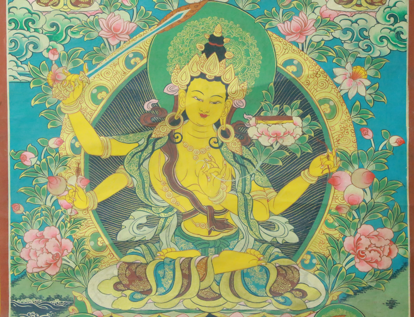 An Exquiste Painted Gold Manjushri Bodhisattva with Four Arms Thangka