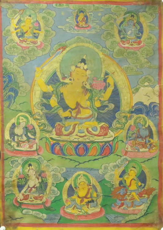 An Exquiste Painted Gold Manjushri Bodhisattva with Four Arms Thangka