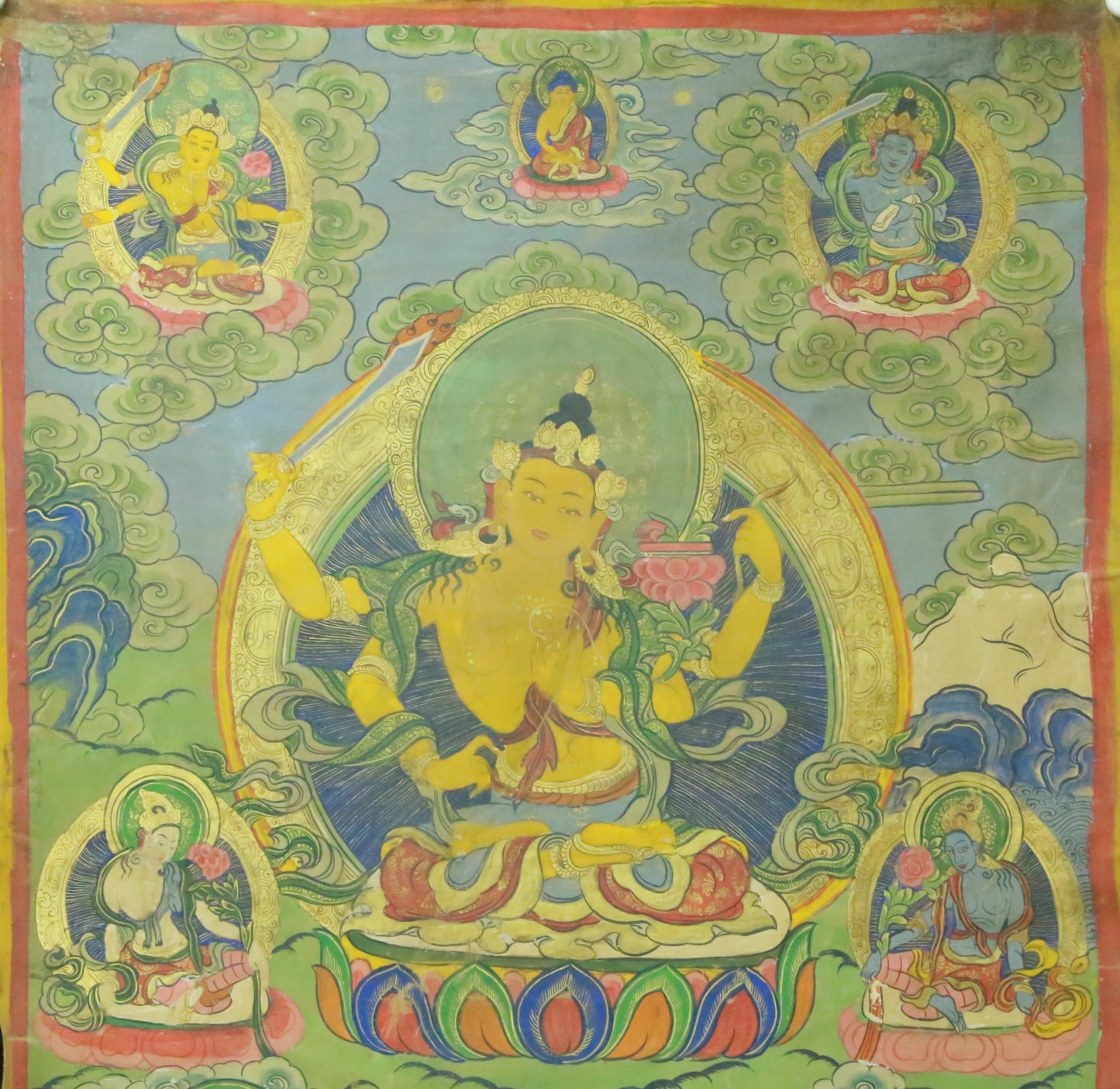 An Exquiste Painted Gold Manjushri Bodhisattva with Four Arms Thangka