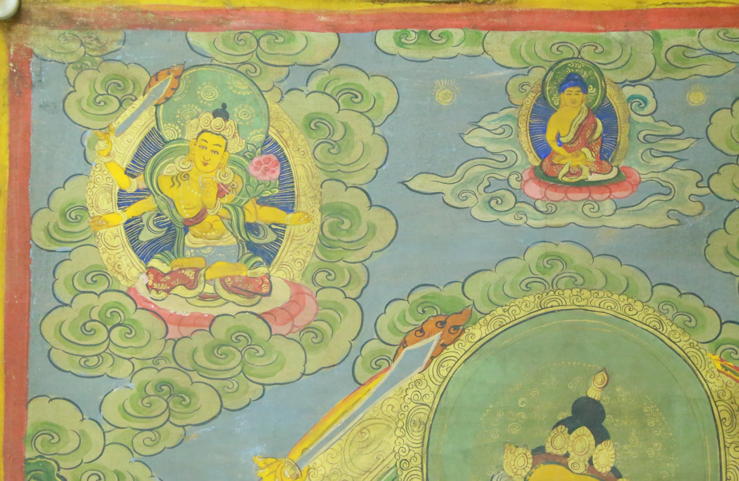 An Exquiste Painted Gold Manjushri Bodhisattva with Four Arms Thangka