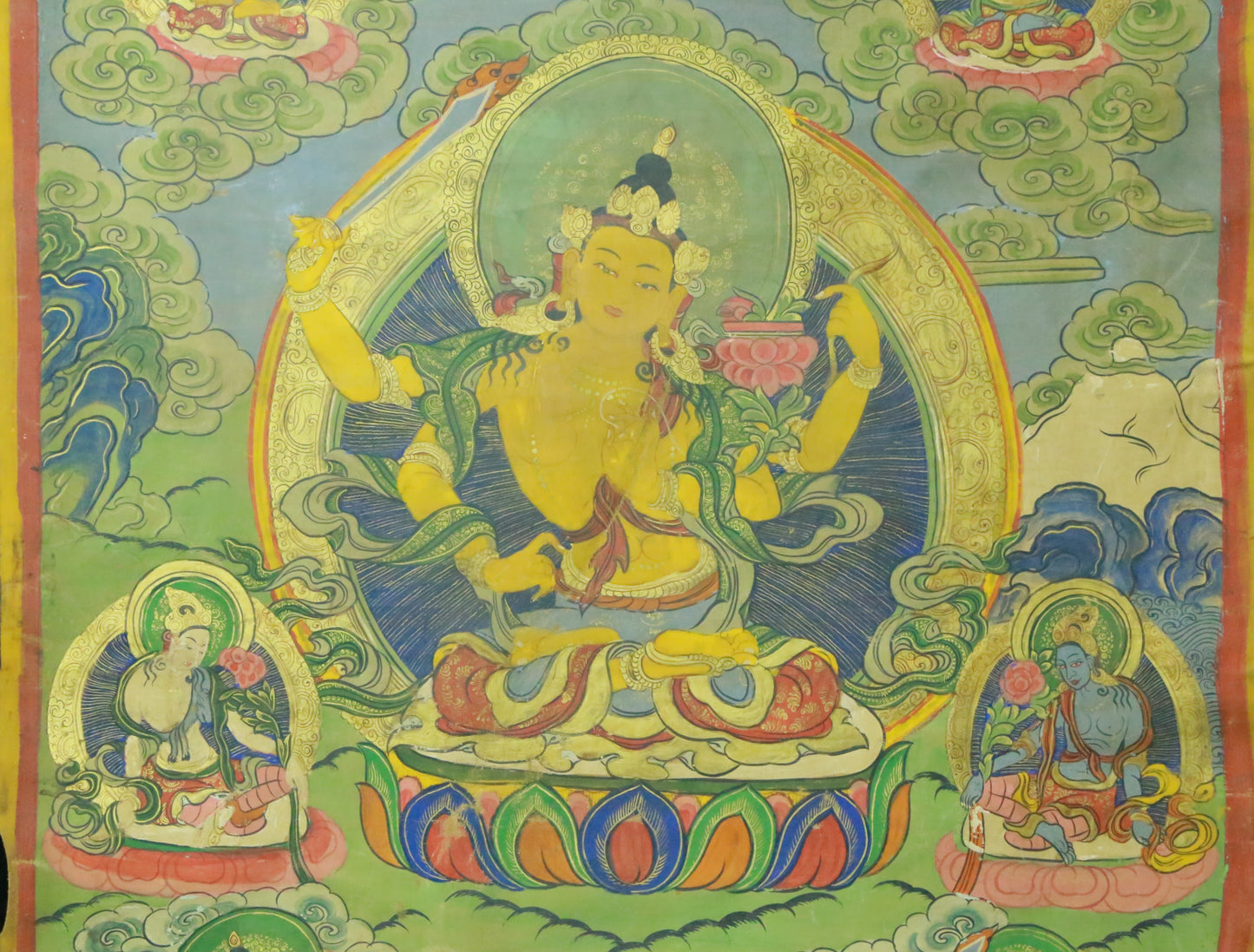 An Exquiste Painted Gold Manjushri Bodhisattva with Four Arms Thangka