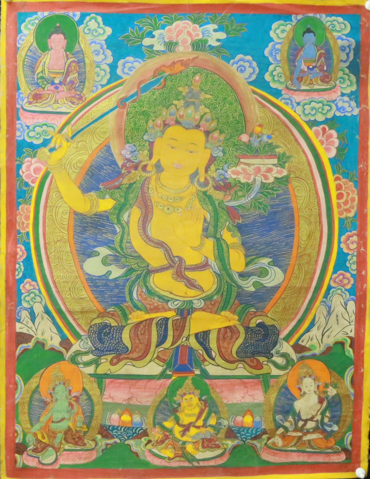 An Exquiste Painted Gold Manjusri Thangka