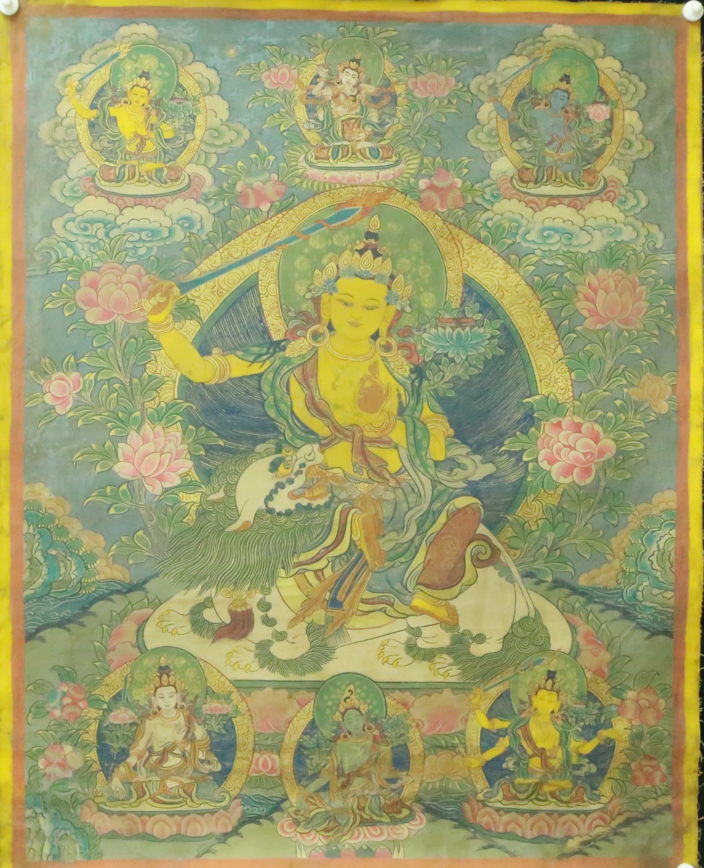 An Exquiste Painted Gold Manjusri Thangka